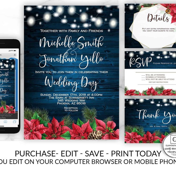 Editable Christmas Winter Wedding Invitation, Wedding Printable, Instant Download, Wedding Template, Poinsettia, Rustic Wedding Invitation