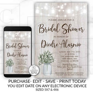 Rustic Bridal Shower Invitation, Rustic Invitation, Country invitation, Flower Invitation, Bridal Shower Invitation, Template, YOU EDIT, DIY