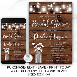 Rustic Bridal Shower Invitation, Rustic Invitation, Country invitation, Cotton Invitation, Bridal Shower Invitation, Template, YOU EDIT, DIY