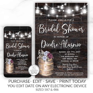Country Barrel Bridal Shower Invitation, Rustic Country Bridal Shower Printable, Editable Printable Template Invitation, Floral Invite