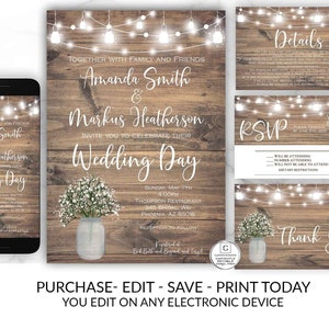 Printable Rustic Wedding Invitation, Country Wedding Invitation, Mason Jar, Instant Download, Wedding SET Suite, DIY Wedding Invite Template