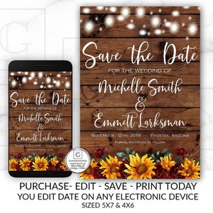 Rustikale Sonnenblume Save the Date Kartenvorlage Sofortiger Download Bearbeitbare druckbare Vintage Country Herbst, Save the Date Vorlage, Save our Date