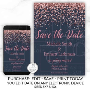 Navy Blue and Rose Gold Save the Date Printable Card Editable Template Cheap DIY Wedding Save the Date Electronic Textable Elegant Modern