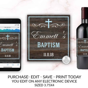 Baptism Wedding Label, Printable Baptism Religious Ceremony Label, Editable Template, Rustic Wine Label, Baptism, First Communion, Christen image 1