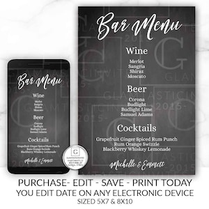 Editable Chalkboard Bar Menu Wedding Sign Template Cheap DIY Wedding Printable You Edit Instantly Elegant Boho Wedding DIY Custom Drink Menu