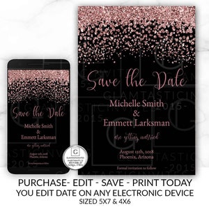 Black and Rose Gold Save the Date Template, Save the Date Card Template, Black and Rose Gold Wedding Template, Instant Download, Rose Gold