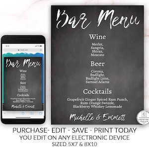 Editable Chalkboard Bar Menu Wedding Sign Template Cheap DIY Wedding Printable You Edit Instantly Elegant Boho Wedding DIY Custom Drink Menu
