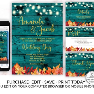 Printable Editable Rustic Wood Teal Burnt Orange Leaf Gold Fall Wedding Invitation Template Online Cheap DIY Textable Mobile Editing Country