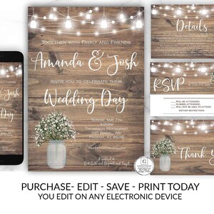 Printable Rustic Wedding Invitation, Country Wedding Invitation, DIY Instant Download, Wedding Invitation Suite, Wedding Invitation Template image 1