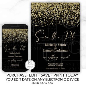 Black and Gold Save the Date Vorlage, Save the Date Karte, Schwarz und Gold Hochzeit Vorlage, Instant Download, Gold Glitzer, DIY