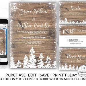 Winter Wedding Invitation Printable, Editable Wedding Invitation, Snowflake Wood Pine Tree Wedding Invitation Template, DIY Instant Download