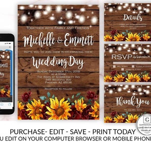 Bearbeitbare Sonnenblumen-Hochzeitseinladung, rustikale Hochzeitseinladungsvorlage, online elektronische Smartphone-bearbeitbare Vorlage, bedruckbare Hochzeit