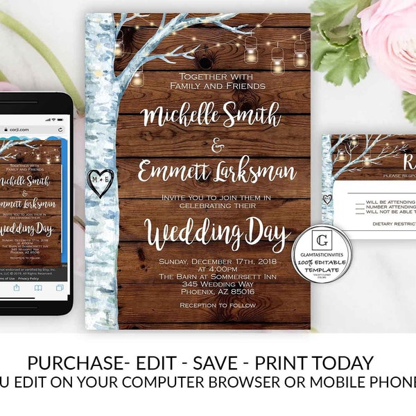 Birch Tree Rustic Wedding Invitation, Country Wedding Invitation, INSTANT Download Wedding invitation Set Wedding Invitation, Template DIY