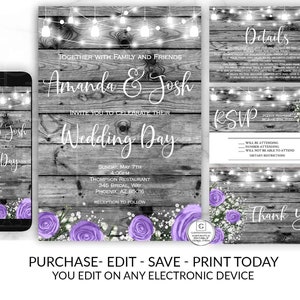 Printable Rustic Purple Rose Wedding Invitation, Country Wedding Invitation, Instant Download, Wedding Invitation Suite, Invitation Template