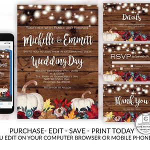 Fall Burgundy Burnt Orange Pumpkin Burgundy Rustic Wedding Invitation Template Set Instant Download Editable Printable Online Textable Cheap