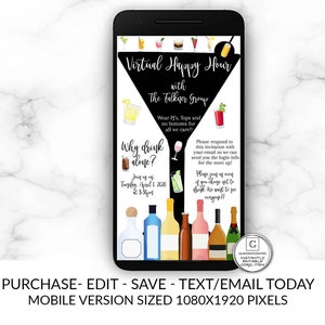 Virtual Happy Hour Invitation, Editable Drinking invitation, Happy Hour Template, Cocktail Hour Meeting, Social Distancing, Social Hangout