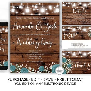 Dark Teal Rose Baby's Breath Wedding Invitation, Printable Wedding Template, Rustic Country Wedding, DIY Wedding Kit, Quick Turnaround, DIY