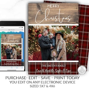 Rustic Plaid Christmas Family Photo Card Country Vintage Holiday Card Template DIY Merry Christmas Editable Family Holiday Card Printable image 1