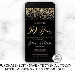 Convite de aniversário de 50 anos de casamento, convite de aniversário de ouro personalizável, modelo editável, download instantâneo, convite móvel