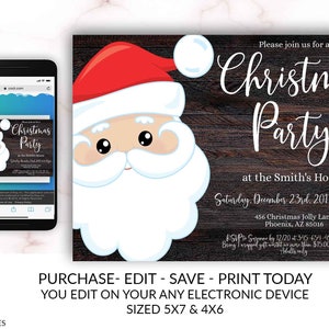 Christmas Party Invitation, Rustic Santa Claus Christmas Party Invitation, Online, Editable Holiday Party Invitation Template, Electronic