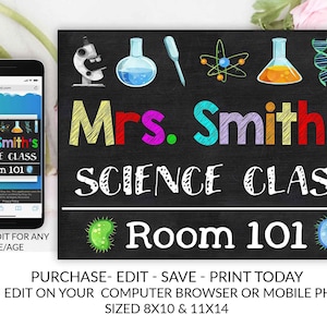 Science Teacher Classroom Sign Template Instant Download Editable Printable Chalkboard YOU EDIT, Classroom Teacher Door Sign, Teacher Decor