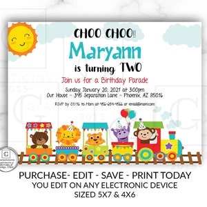 Train Birthday Invitation, Birthday Party Invitation, Editable Printable Instant Download, CHOO CHOO Birthday Invitation, Train, Zoo, Circus