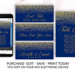 Royal Blue Gold Wedding Table Numbers Seating Chart Horizontal Vertical Editable Printable Wedding, Wedding, Table Numbers, Seating Chart