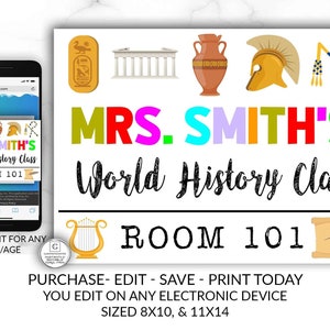 World History Teacher Classroom Sign Template Instant Download Editable Printable Chalkboard YOU EDIT Classroom Cheap Teacher Door Sign DIY image 1
