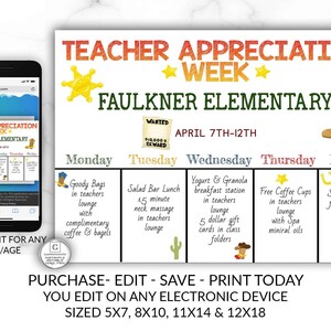 Western Teacher Appreciation Week Printable Schedule Template Itinerary Electronic Digital Cheap PTO PTA Fundraising Weekly Poster Sign DIY