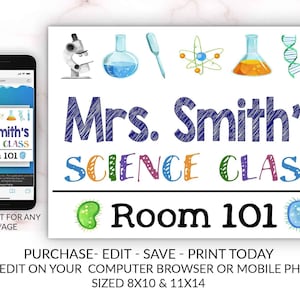 Science Teacher Classroom Sign Template Instant Download Editable Printable Chalkboard YOU EDIT, Classroom Teacher Door Sign, Teacher Decor