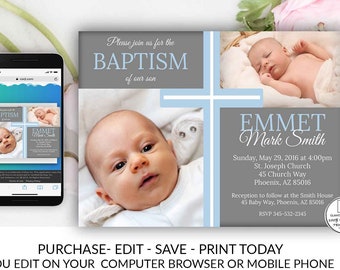 Baptism Invitation Template Boy Cross Instant Download Editable Printable YOU Edit First Communion Dedication Blue Grey Elegant Modern DIY