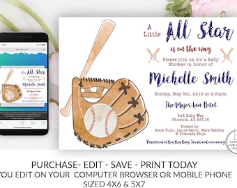 Baseball Baby Shower Invitation Oh Boy Baby Shower Invite Template Editable Printable Electronic Online Cheap DIY Baseball Bat Glove Invite