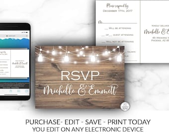 Printable Rustic Wedding RSVP, Country Rustic Response Card Template, Hanging Lights Wood, Instant Download, Editable, Personalizable, Barn