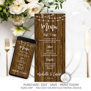Menu de mariage imprimable, modèle de menu de mariage rustique, mariage modifiable imprimable, téléchargement immédiat, menu de fond en bois, menu de dîner