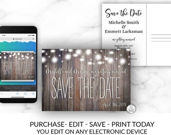 Rustic Save-The-Dates, Printable Rustic Save the Date Postcard, Save the Date, Rustic Wedding, Printable Save the Date, TEMPLATE, YOU EDIT