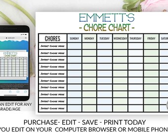 Editable Boy Chore Chart Schedule Printable Template You Edit Yourself Chore Charts Graph Chart Classroom Visual Schedule DIY Blue Green