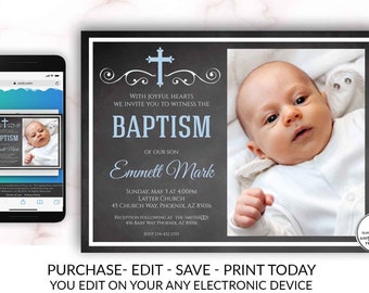 Baptism Invitation Boy, Baptism Invitation Printable, Boy Baptism Invitation, Printable Baptism Invitation, Baptism Template, You Edit, Blue