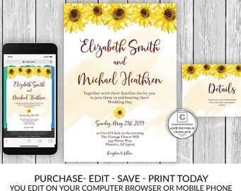 Sunflower Wedding Invitation Template Set, Instant Download, Editable, Printable, You Edit Set, Country Vintage Sunflower, Burgundy, DIY