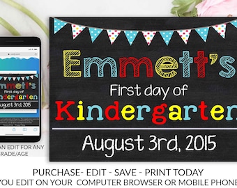 YOU EDIT First day of School Sign Kindergarten First Grade Second Grade Third Grade Boy Flag Editable Printable Chalkboard Template DIY