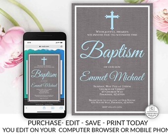 Baptism Invitation, Blue and Grey Baptism Invitation, Boy Christening Invite, Printable Baptism Invite, Dedication Invite, INSTANT DOWNLOAD