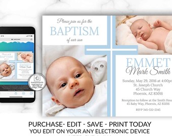 Blue Grey Boy Baptism Invitation Rustic Simple Minimalist Baptism Invitation Template Editable Printable Electronic DIY Cheap Online Invite