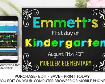 Back to School Sign, First day of School Sign, 1st day of School Chalkboard, Back to School Printable, Kindergarten poster grade school sign