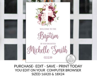 Girl Baptism Welcome Sign, Floral Baptism Welcome Sign, Baptism Welcome Sign, Printable Welcome Sign Template, Editable, Printable, Burgundy