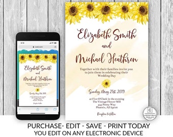 Printable Sunflower Wedding Invitation, Sunflower Wedding Template, Instant Download, Editable Printable You Edit Set, Barnyard, Burgundy