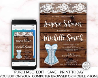 Rustic Lingerie Shower Invitation Corset Blue Lace Invite Template Online Electronic Textable Printable Editable Lingerie Bachelorette Party