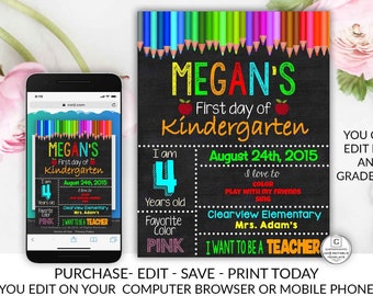 Back to School sign, First day of school sign, 1st day of School Chalkboard, Back to School printable, Kindergarten poster EDITABLE, DIY