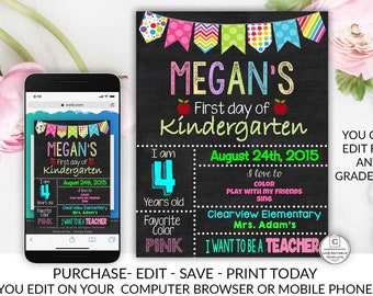 EDITABLE First day of Kindergarten sign Template First day of school sign Girls Kindergarten School Chalkboard poster 1st day Any Grade Age