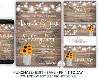 Sunflower Mason Jar Wedding Invitation, Printable Rustic Wedding, DIY Wedding, Mason Jar invitation, Country Farmhouse, Sunflower Template