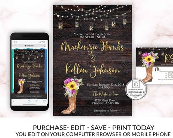 Sunflower Wildflower Rustic Wedding Invitation Template Set Instant Download Editable Printable You Edit Set, Country Vintage Boot Western