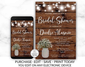 Baby's Breath Mason Jar Bridal Shower Invitation, Rustic Country Bridal Shower Printable, Editable Printable Template Invitation, Quick DIY